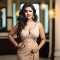 A curvy, busty Bengali girl with fair skin, dressed in a stylish and modern outfit