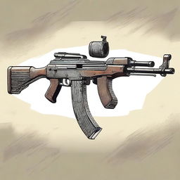 A highly detailed illustration of a post-apocalyptic AK-47