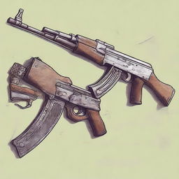 A highly detailed illustration of a post-apocalyptic AK-47