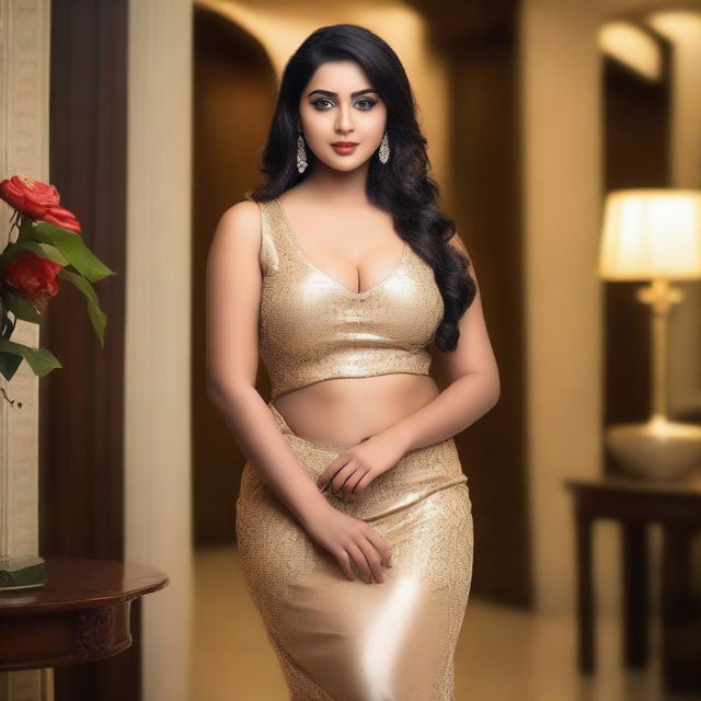 A curvy, busty Bengali girl with fair skin and a slim figure, dressed in a stylish and modern outfit