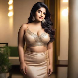 A curvy, busty Bengali girl with fair skin and a slim figure, dressed in a stylish and modern outfit