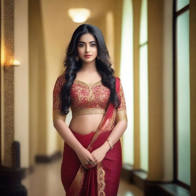 A stunningly beautiful Bengali girl with a perfect face, fair skin, and a slim yet curvy figure