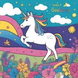 Create a vibrant and whimsical book cover for a coloring book featuring a magical unicorn