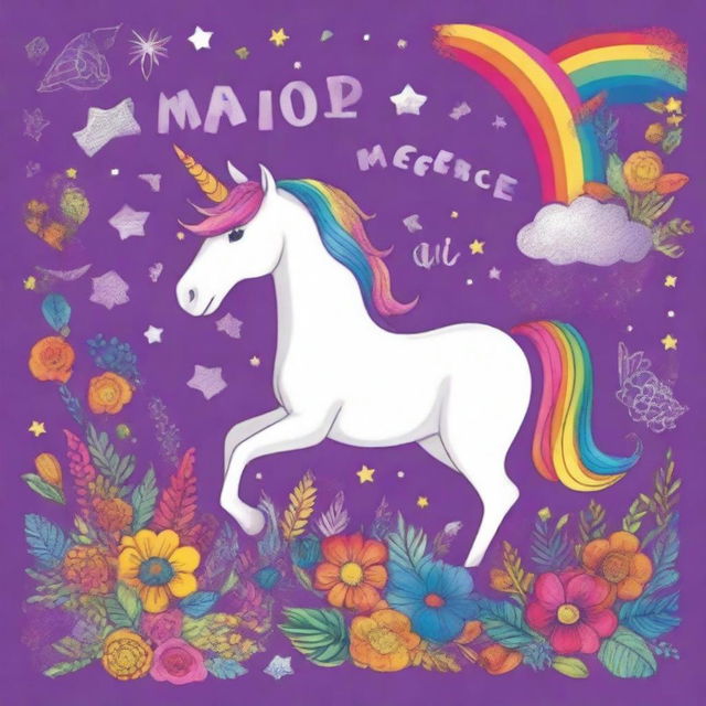 Create a vibrant and whimsical book cover for a coloring book featuring a magical unicorn