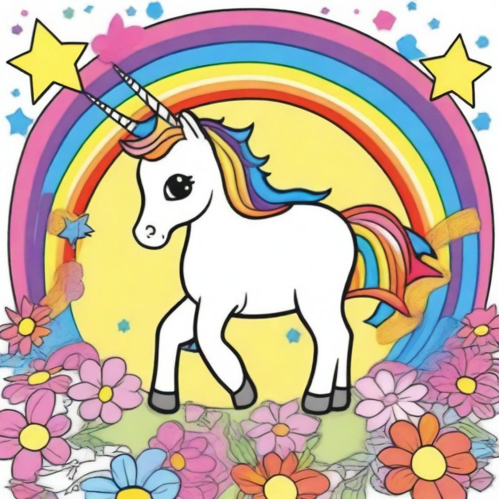 Create a bright and unique cover for a children's coloring book featuring a whimsical unicorn