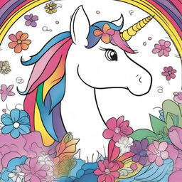 Create a bright and unique cover for a children's coloring book featuring a whimsical unicorn