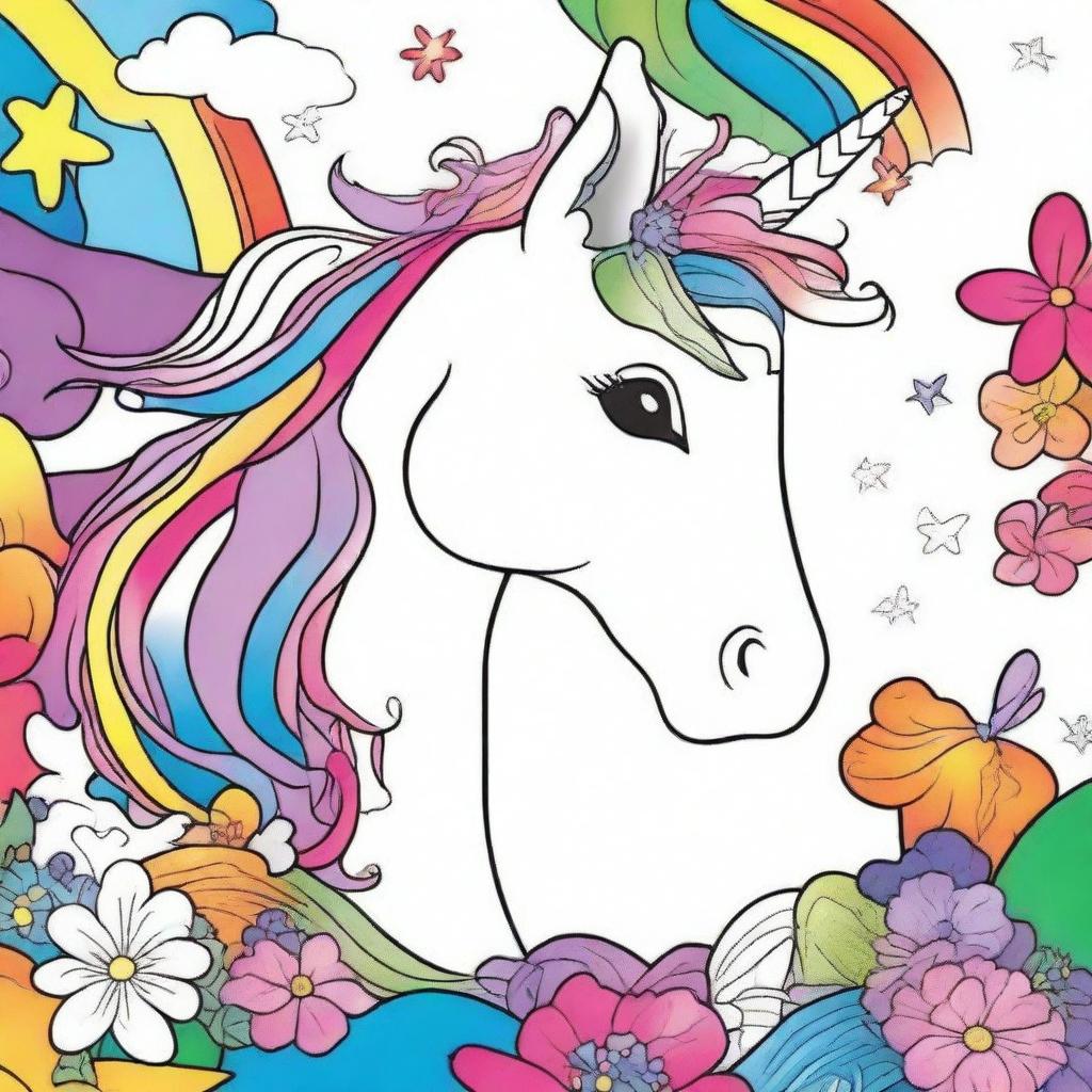 Create a bright and unique cover for a children's coloring book featuring a whimsical unicorn