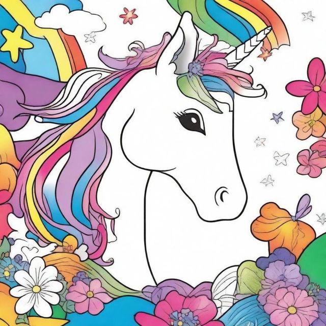 Create a bright and unique cover for a children's coloring book featuring a whimsical unicorn