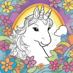 Create a bright and unique cover for a children's coloring book featuring a whimsical unicorn