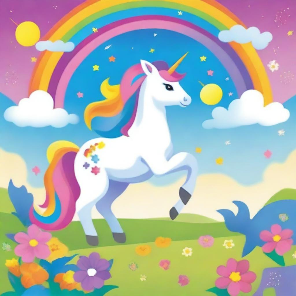 Design a bright and unique cover for a children's book featuring a magical unicorn