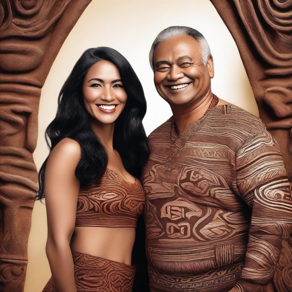 Create a high-quality, high-resolution image of a beautiful, fiery brown-skinned woman standing in front of her handsome, middle-aged husband, who is the Maori king