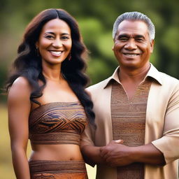 Create a high-quality, high-resolution image of a beautiful, fiery brown-skinned woman standing in front of her handsome, middle-aged husband, who is the Maori king