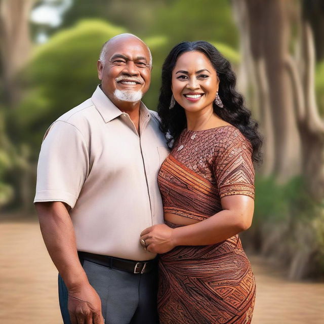 Create a high-quality, high-resolution image of a beautiful, fiery brown-skinned woman standing in front of her handsome, middle-aged husband, who is the Maori king