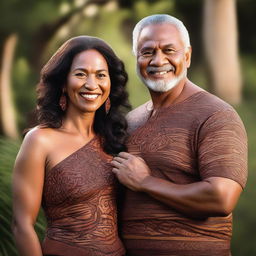 Create a high-quality, high-resolution image of a beautiful, fiery brown-skinned woman standing in front of her handsome, middle-aged husband, who is the Maori king