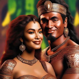 Generate a high resolution image of a beautiful, fiery brown-skinned woman staring into the eyes of a handsome Maori king