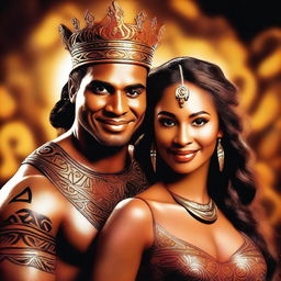 Generate a high resolution image of a beautiful, fiery brown-skinned woman staring into the eyes of a handsome Maori king