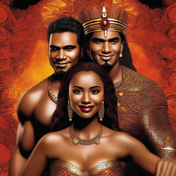 Generate a high resolution image of a beautiful, fiery brown-skinned woman staring into the eyes of a handsome Maori king