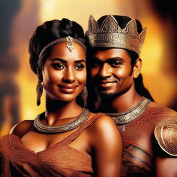 Generate a high resolution image of a beautiful, fiery brown-skinned woman staring into the eyes of a handsome Maori king