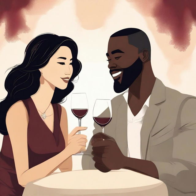 Create an illustration art featuring a black man and an Asian woman sitting at a table with wine glasses