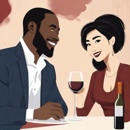 Create an illustration art featuring a black man and an Asian woman sitting at a table with wine glasses