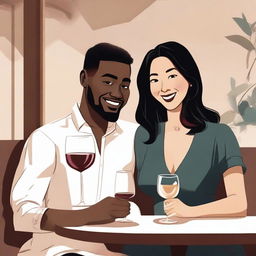 Create an illustration art featuring a black man and an Asian woman sitting at a table with wine glasses