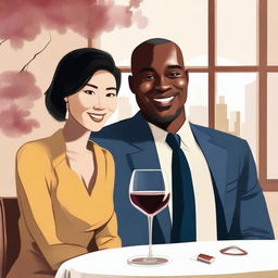 Create an illustration art featuring a black man and an Asian woman sitting at a table with wine glasses