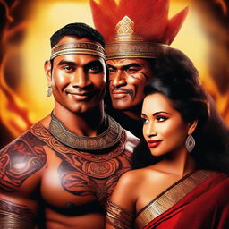 Generate a high resolution image of a beautiful, fiery-skinned woman staring into the eyes of a handsome Maori king