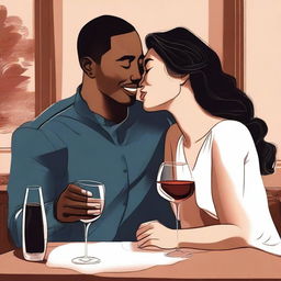 Create an illustration art featuring a black man and an Asian woman sitting at a table with wine glasses, leaning in closer to each other as if they are about to kiss