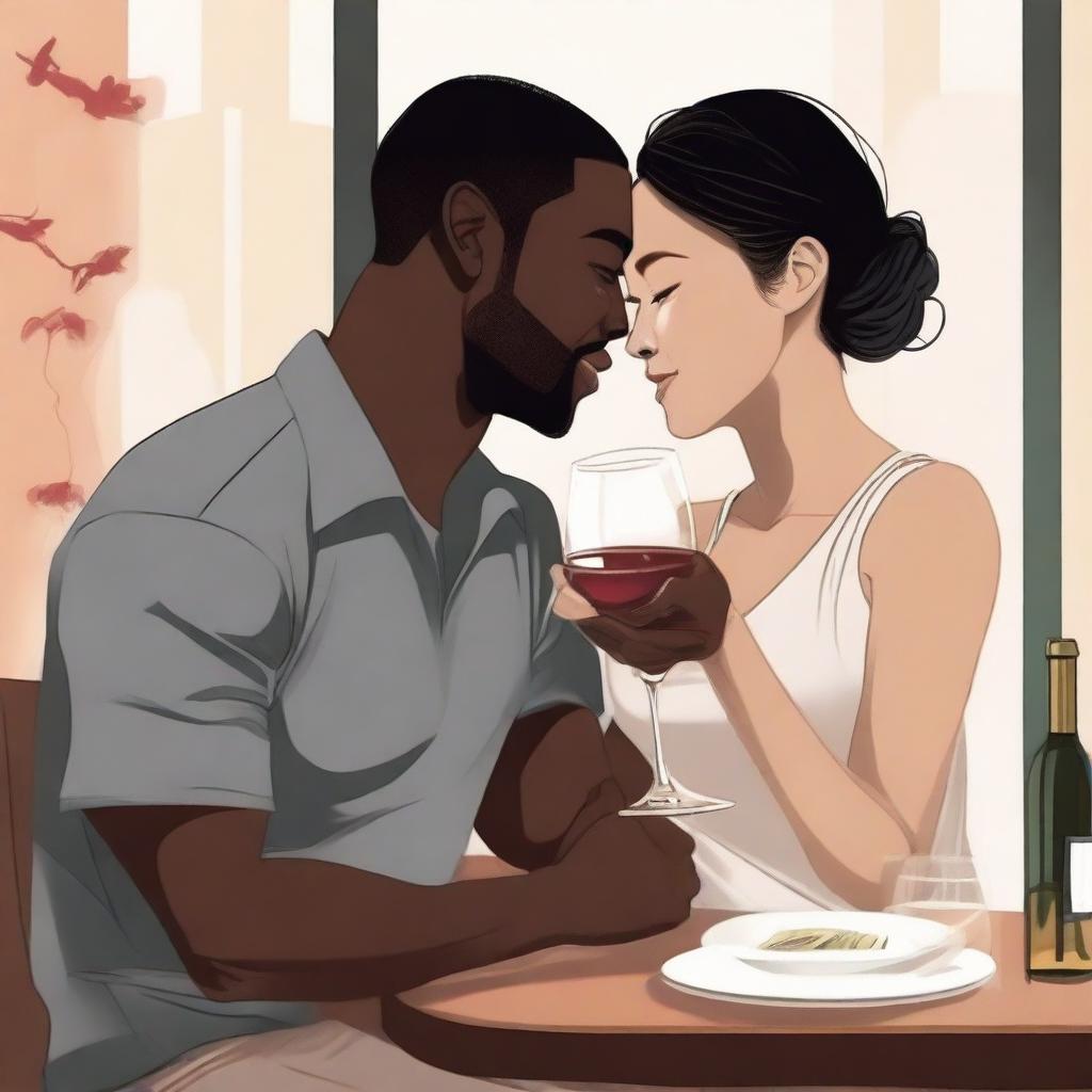 Create an illustration art featuring a black man and an Asian woman sitting at a table with wine glasses, leaning in closer to each other as if they are about to kiss