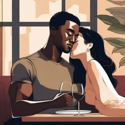 Create an illustration art featuring a black man and an Asian woman sitting at a table with wine glasses, leaning in closer to each other as if they are about to kiss