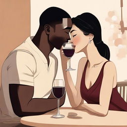 Create an illustration art featuring a black man and an Asian woman sitting at a table with wine glasses, leaning in closer to each other as if they are about to kiss