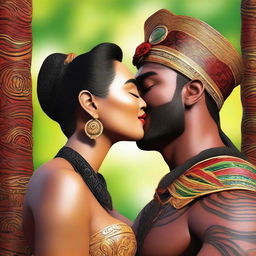 Generate a photo-realistic image of a beautiful woman kissing a handsome Maori king