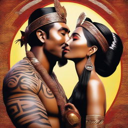 Generate a photo-realistic image of a beautiful woman kissing a handsome Maori king