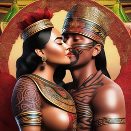 Generate a photo-realistic image of a beautiful woman kissing a handsome Maori king