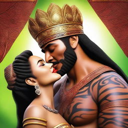 Generate a photo-realistic image of a beautiful woman kissing a handsome Maori king