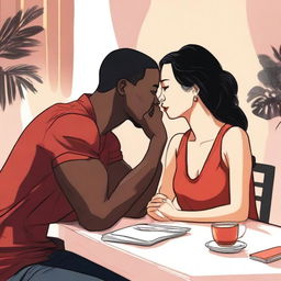 Create an illustration art featuring a black man and an Asian woman sitting at a table, leaning in for a kiss