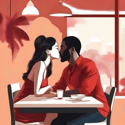 Create an illustration art featuring a black man and an Asian woman sitting at a table, leaning in for a kiss