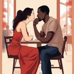 Create an illustration art featuring a black man and an Asian woman sitting at a table, leaning in for a kiss