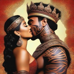 Generate a high resolution image of a beautiful woman kissing a handsome Maori king