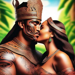 Generate a high resolution image of a beautiful woman kissing a handsome Maori king