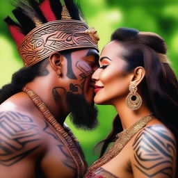 Generate a high resolution image of a beautiful woman kissing a handsome Maori king