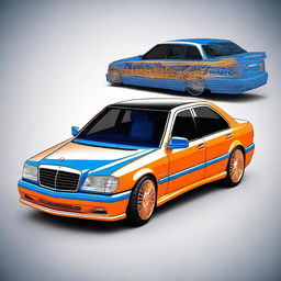 A unique car design of a Mercedes W202 with internal components colored in electric blue and external components in a pearl deep orange