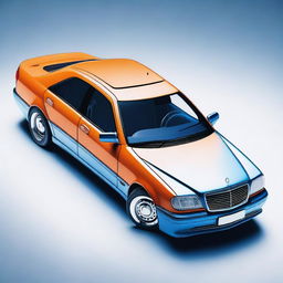 A unique car design of a Mercedes W202 with internal components colored in electric blue and external components in a pearl deep orange