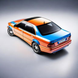 A unique car design of a Mercedes W202 with internal components colored in electric blue and external components in a pearl deep orange