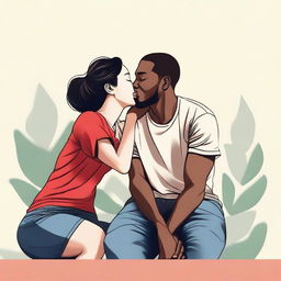 Create an illustration art featuring a black man and an Asian woman sitting very close together, leaning in for a cute kiss