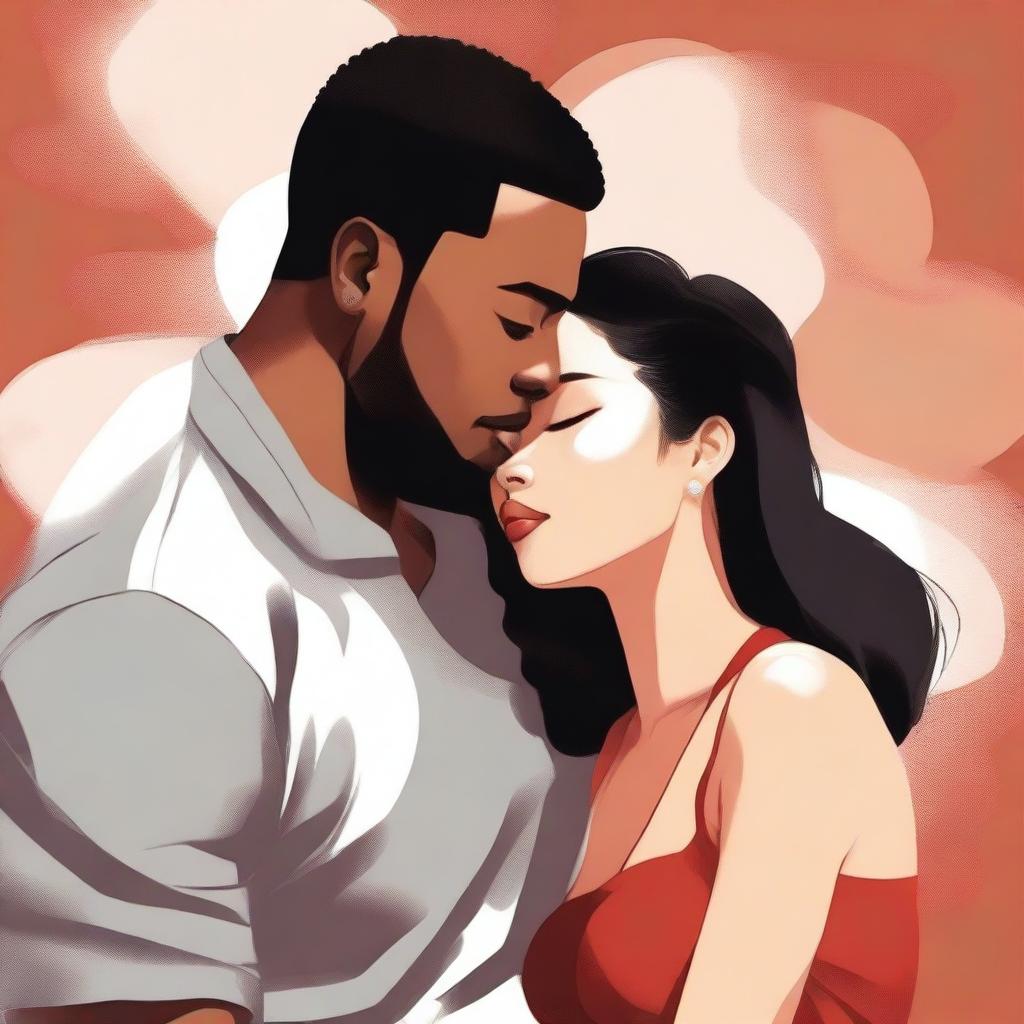 Create an illustration art featuring a black man and an Asian woman sitting very close together, leaning in for a cute kiss