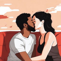 Create an illustration art featuring a black man and an Asian woman sitting very close together, leaning in for a cute kiss