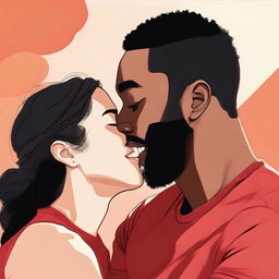 Create an illustration art featuring a black man and an Asian woman sitting very close together, leaning in for a cute kiss