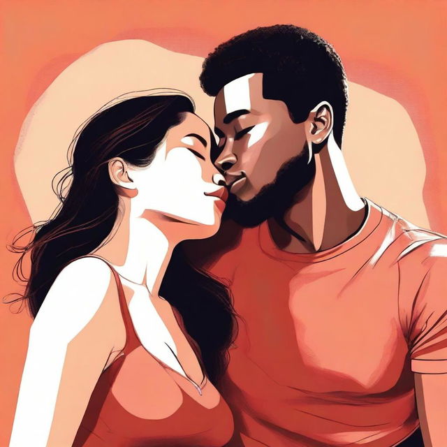 Create an illustration art featuring a youthful black man and an Asian woman sitting very close together, leaning in for a cute kiss