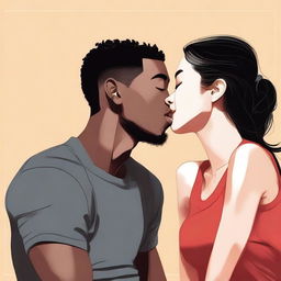 Create an illustration art featuring a youthful black man and an Asian woman sitting very close together, leaning in for a cute kiss